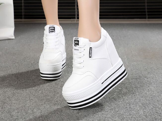 2019 wiosna kobiety botki wysokie buty na koturnie na co dzień marka kobieta 12CM zwiększona wysokość buty kobieta moda platforma trampki: WHITE / 7