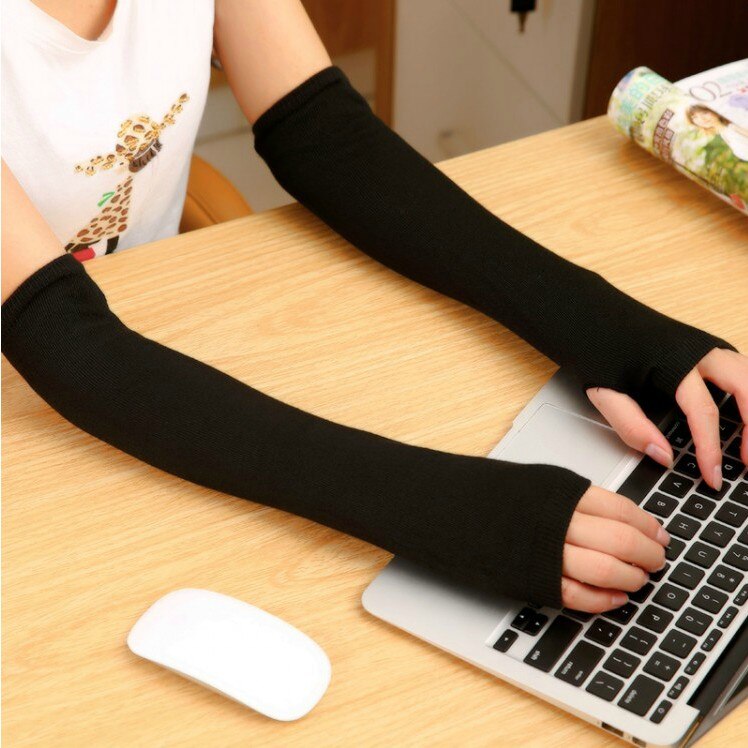 Armvärmare kvinnor cashmere randig solid varm vinter lång finger-mindre tjockare dam ärm match match fritid trendig chic kawaii: Svart 2