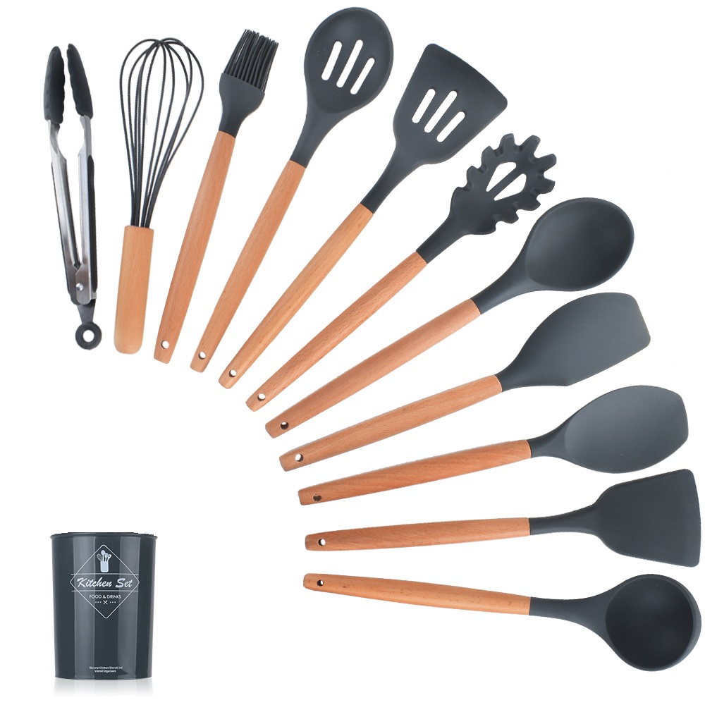 12Pcs Keuken Gebruiksvoorwerp Set Siliconen Koken Gereedschap Set Huishouden Houten Koken Gereedschap Ontmoette Opbergdoos Turner Tang Spatel Turner: Deep Grey / 10pieces