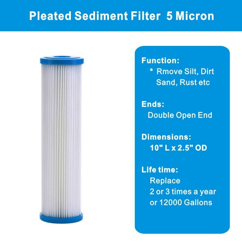 Whole House 2.5" x 10" Polypropylene Pleated Sediment Water Filter Cartridge 5 Micron, Washable & Reusable