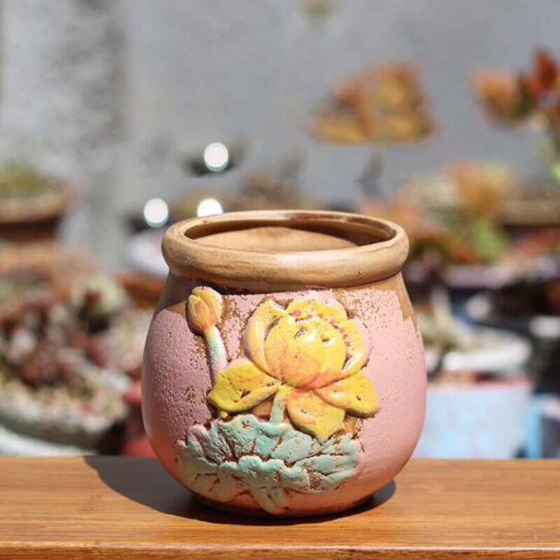 Keramisk blomsterpotte håndmalet saftig plantepotte groft keramik blomstermønster vase haven bonsai potter