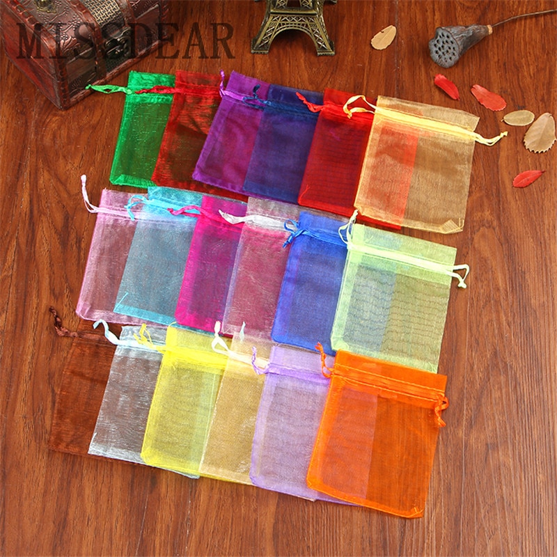 100pc/lot 5x7cm Organza Bags Christmas Bag Wedding Drawable Voile Jewelry Packaging Bags Mini Pouches Bags