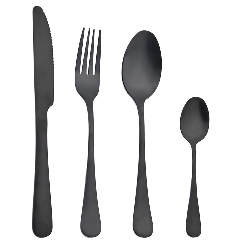 Matte Gold Cutlery Set Flatware Stainless Steel Dinnerware Kitchen Dinner Silverware Knife Coffee Spoon Fork Tableware Set: 6 set / Black
