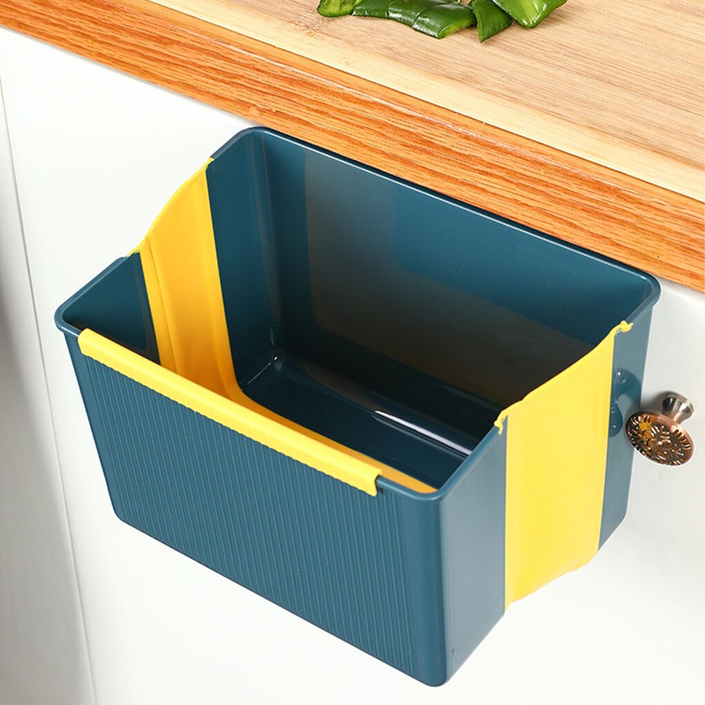 Kitchen Trash Can Foldable Hanging Waste Bin Portable Home Plastic Washable Reusable Cooking Garbage Dustbin Blue