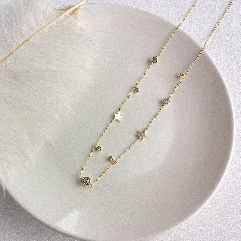 Silvology 925 sterlina d'argento Rotonda perlina Zircone stella Collana in Oro mini Romantico Struttura Elegante Femminile Del girocollo Della Collana Dei Monili