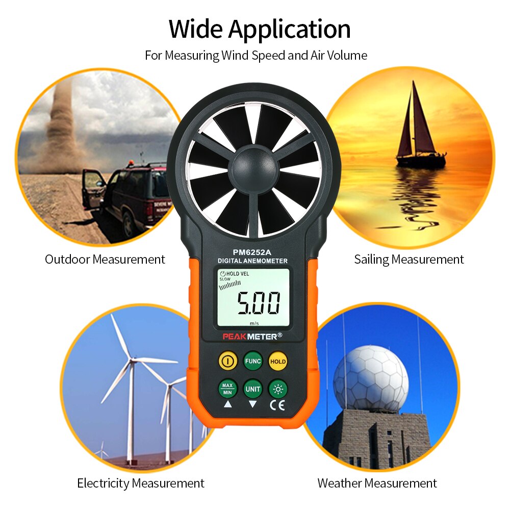PEAKMETER PM6252A Portable Handheld Anemometer Wind Speed Meter CFM Meter Wind Gauges Air Flow Thermometer with LCD Backlight