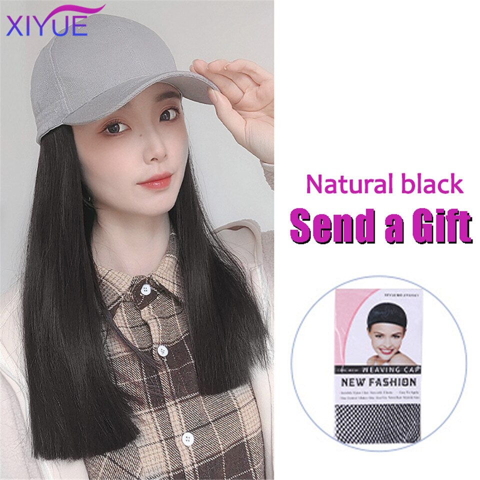 Long Synthetic Baseball Cap Hair Wig Natural Black Cap Hair Extensions Natural Wave Wigs Naturally Connect Hat Wig Adjustable