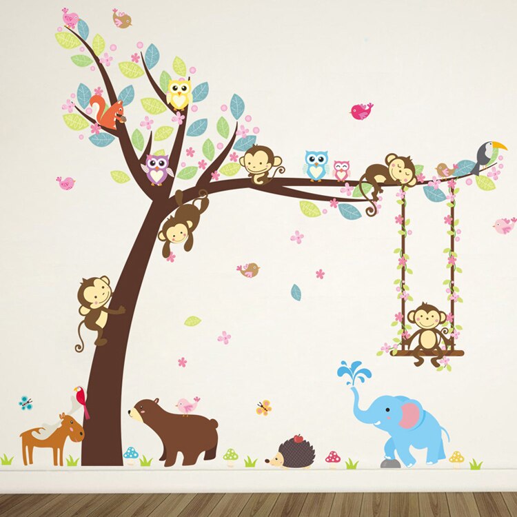 Bos Dieren Muursticker Aap Beer Boom Voor Kinderkamer Kinderen Muurtattoo Nursery Slaapkamer Decor Poster Muurschildering Stickers