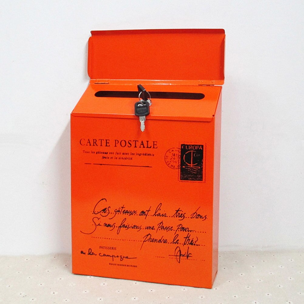 Iron Lock Letter Box Vintage Wall Mount Mailbox Mail Postal Letter Newspaper Box G10: Orange
