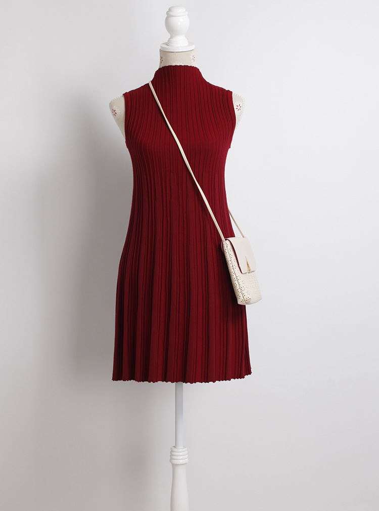 Women Autumn Bandage Knitted Dress Women Turtleneck Sleeveless A-line Striped Mini Sweater Dress vestidos de fiesta: Wine Red