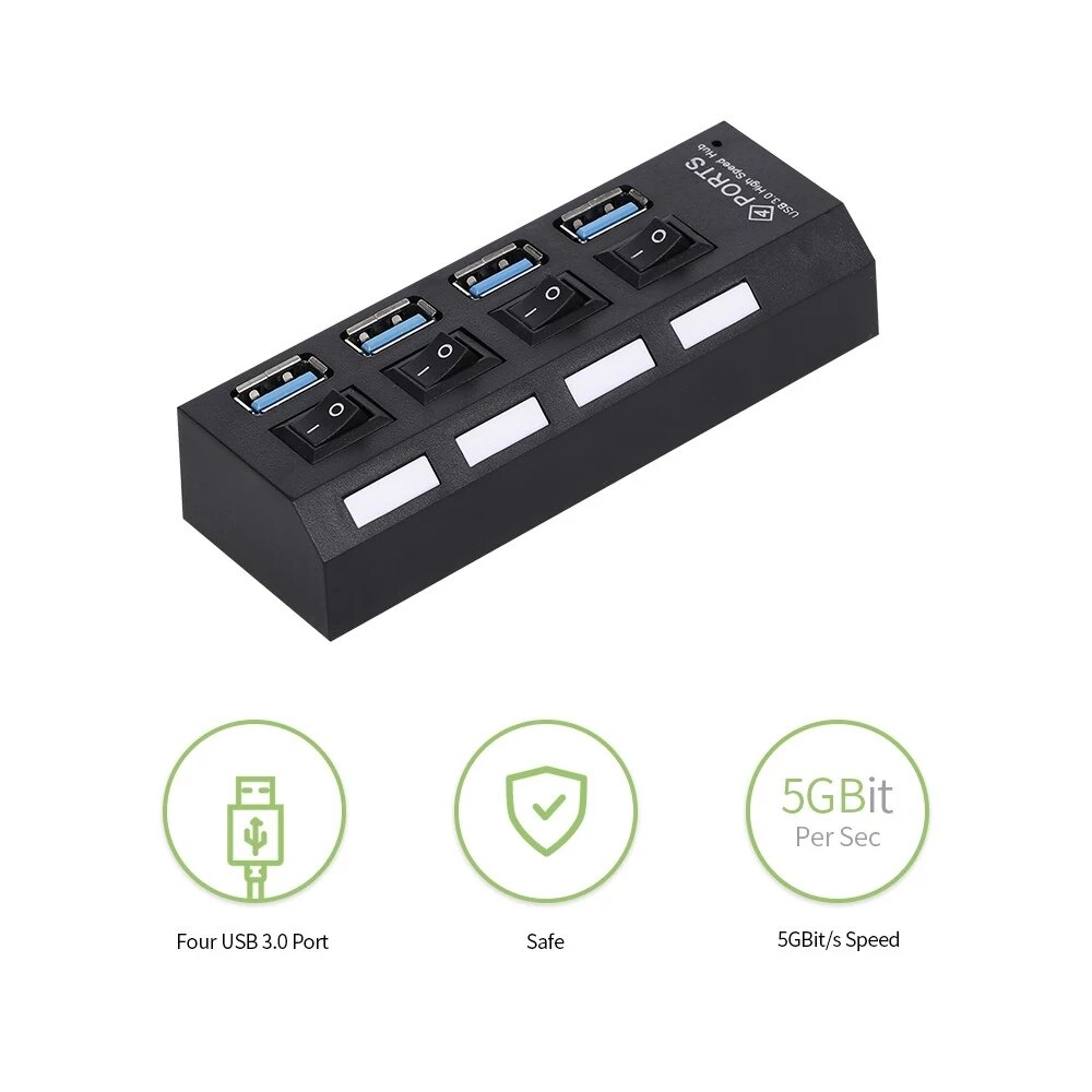 4-Port USB 3.0 Hub USB Splitter 4 Ports Expander with Switch for Pc