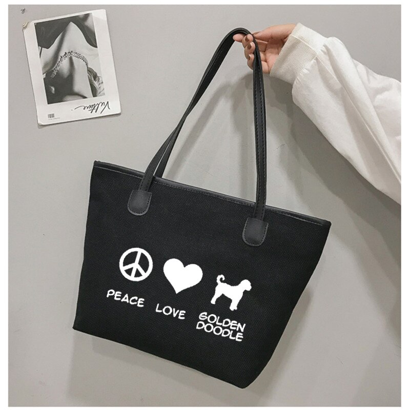 Vrede Liefde Gouden Doodle Grappige Gedrukt Tote Bag Voor Hond Liefhebbers Vrouwen Handtas Strand Tas Dames Purse: black