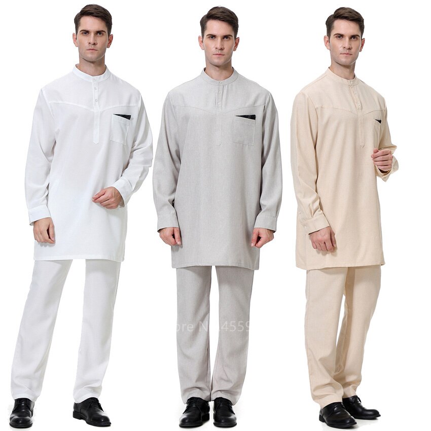 Jubba thobe islamitische jurk voor mannen, islamitische traditionele kleding, abaya, top, broekset, patchwork, saoedi-arabisch gebedskostuum
