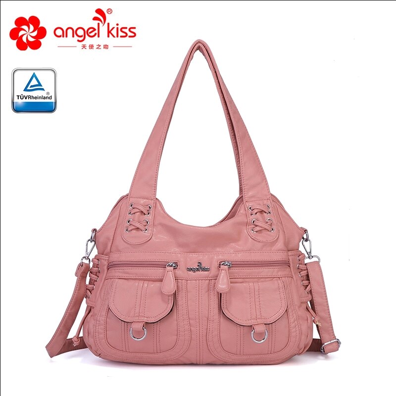 Angelkiss Gewassen Pu Vrouwen Handtas Dame Schoudertas Dubbele-Compartiment En Multi-Pocket Ruim Messenger Tote Met Lange band