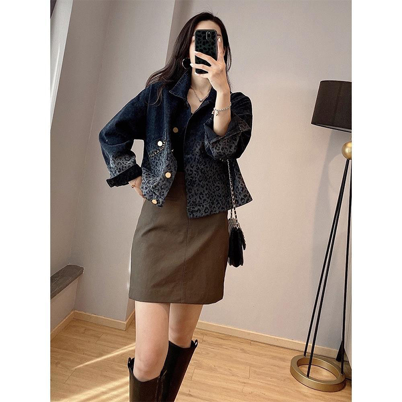 Autunno inverno Streetwear Vintage Leopard Print Denim Coat Ladies Harajuku Y2K Casual Fashion All-match Jacket donna Outwear Top