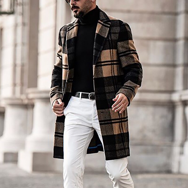 Winterjassen voor heren, wollen geruite jassen met lange mouwen, fleece jassen voor heren, streetwear, lange trenchcoats, bovenkleding