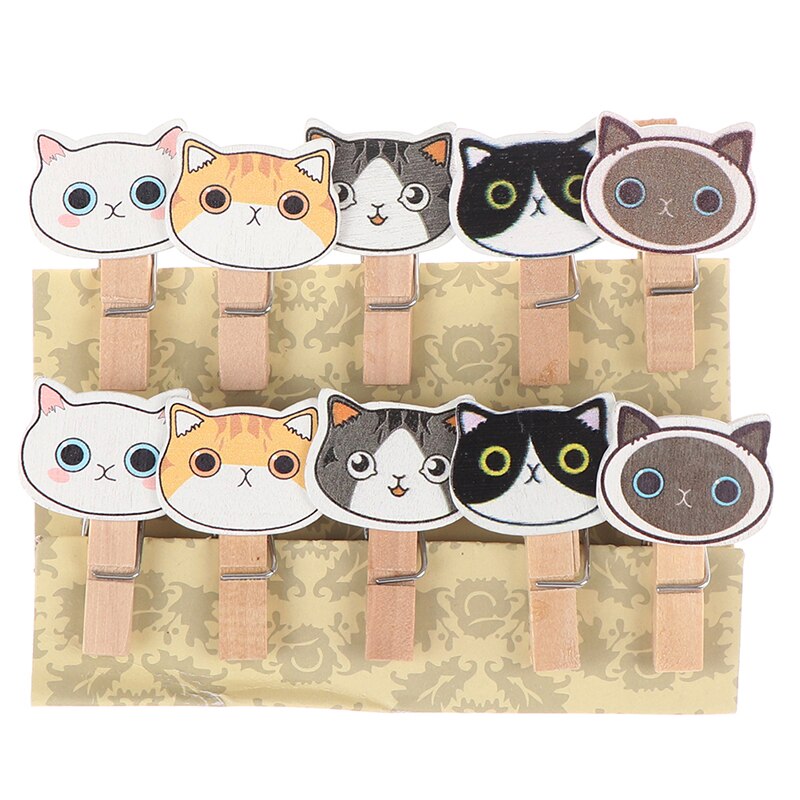 10 stuks/partij schattige cartoonkat schattige houten paperclips / kleine knutselfoto-knijpers