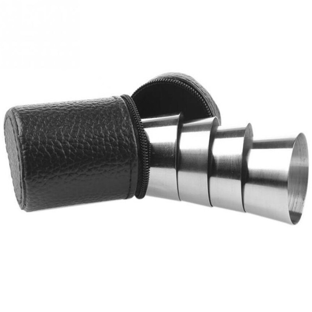 Barware 4Pcs/set Polished 30ML Mini Stainless Steel Shot Cup Wine Drinking Glasses With Leather Cover Bag For Home Kitchen Bar