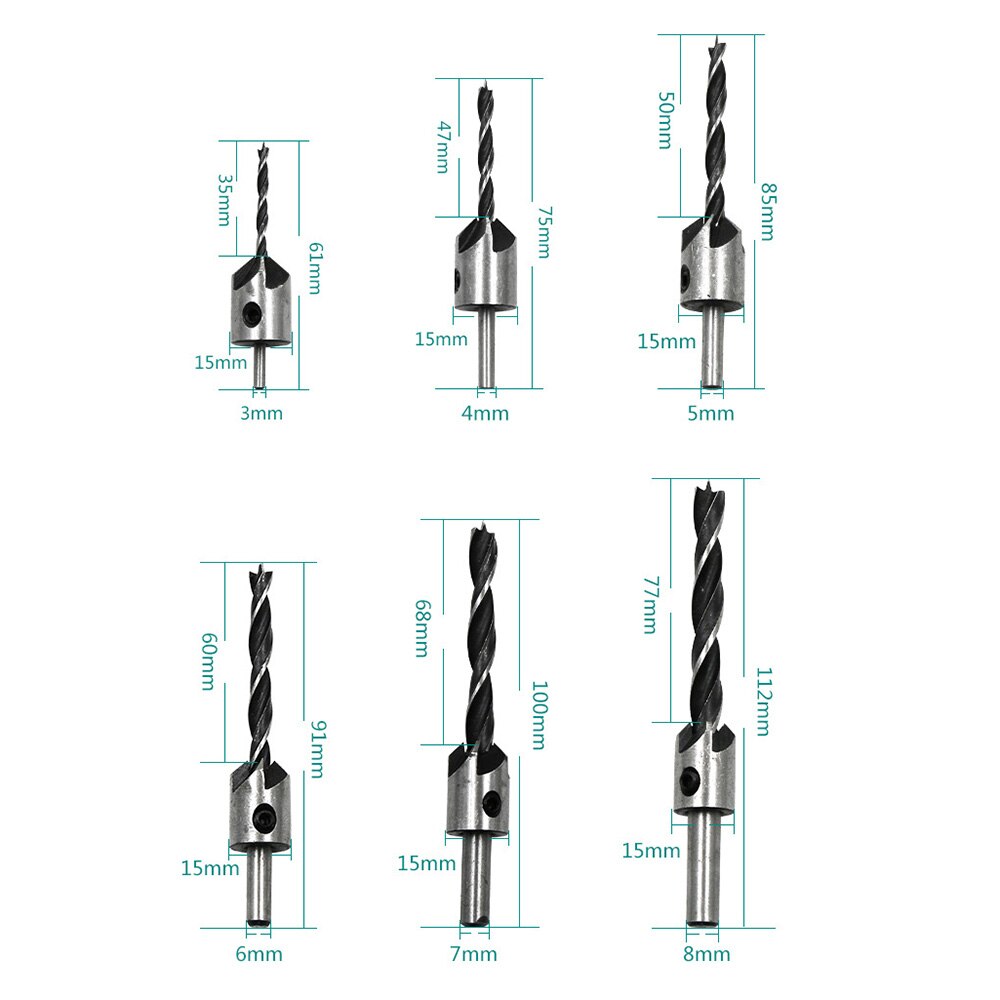 7 piezas de tres puntas para carpintería cabeza avellanada broca HSS guía de camaleado brocas de taladro herramientas de mano eléctricas