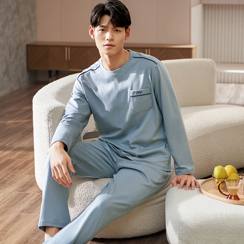 Ensemble Pyjama en coton pur pour homme, manches longues, ample, couleur unie, vêtements de nuit, haut et pantalon, collection automne et hiver: LX-71717 Fog Blue / XXXL