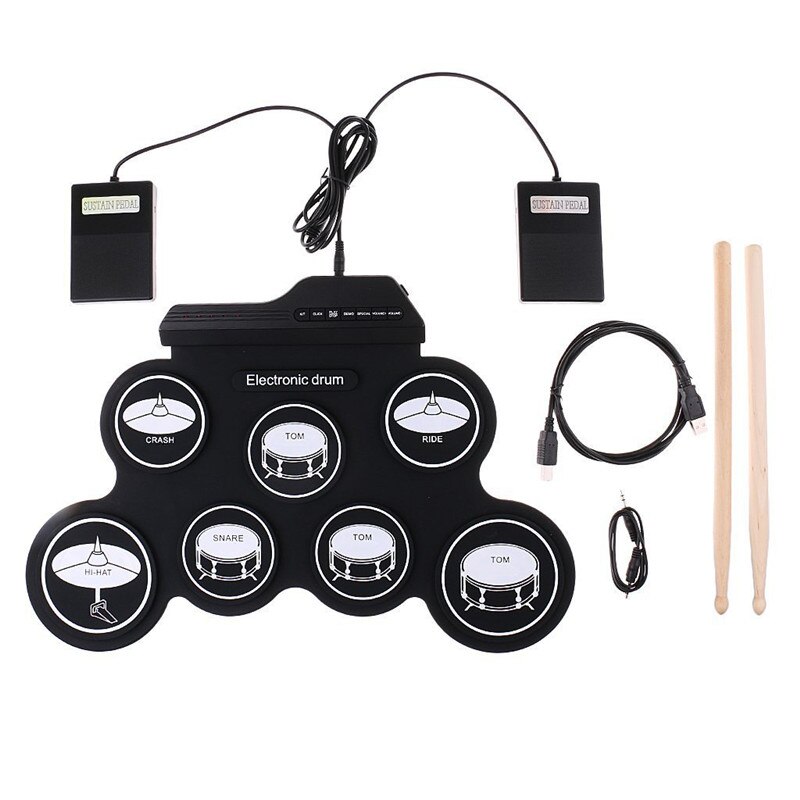 Batteria elettronica Digital USB 7 Pad Roll up Drum Set Kit batteria elettrica in Silicone con percussione pedale bacchetta