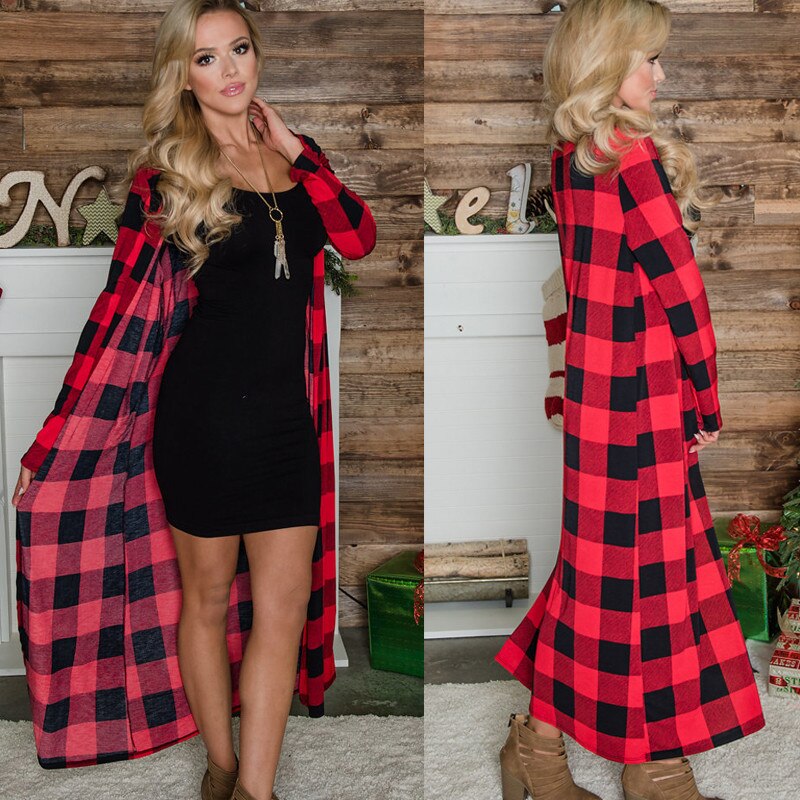 Women Cardigan Outwear Plaid Long Sleeve Cardigan Spring Autumn Ladies Sweater Long Plaid Long Coats Long Sleeve Loose: Red / XL