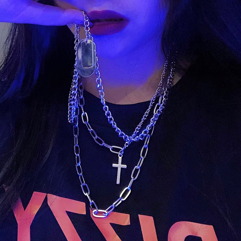 Neue Harajuku Mann Halskette Silber Farbe Multi-Schicht Lange Kette Punk Kreuz Anhänger Halsband für Frauen Kühle Hüfte hüpfen partei Schmuck