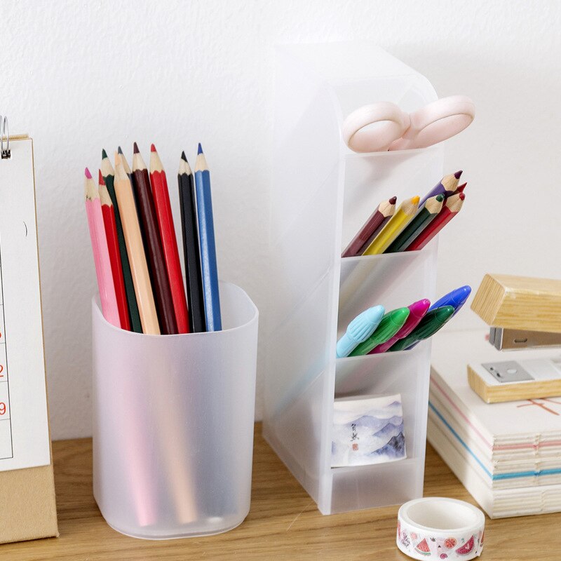 Concise Style Plastic Pen Container Simple Pure Color Desktop Pencil Case Office School Stationery
