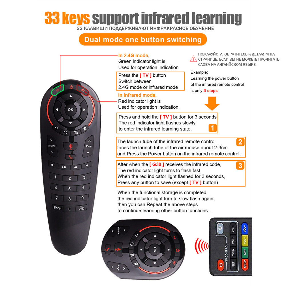 Mecool G30 S 33 keys IR learning remote control 2.4g air mouse wireless voice air mouse Gyro Sensing Smart remote to Game tv box