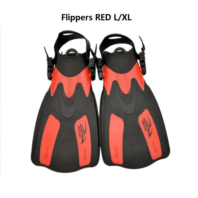 Snorkelen snorkelen duiken scuba zwemuitrusting siliconen duikmasker uitrusting + ademhalingsbuis + zwemvliezen: Flippers rood sm