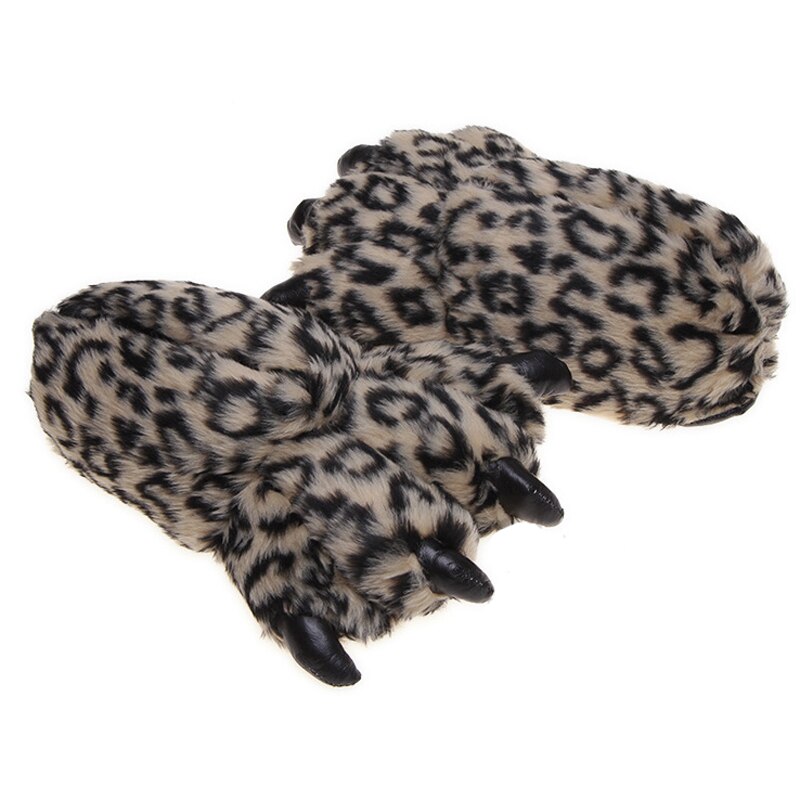 Zapatillas de interior con pata de oso para hombre y mujer, pantuflas suaves y cálidas de felpa con estampado de leopardo y garra de monstruo