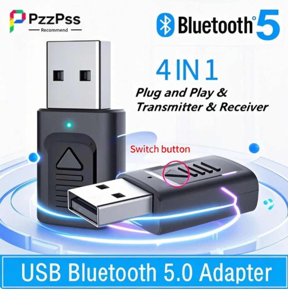 PzzPss USB Bluetooth 5.0 4-IN-1 Adapter (Tx/Rx) - Wireless Audio Dongle AUX/RCA/USB/3.5mm for PC/TV/Car | Home/Car Stereo