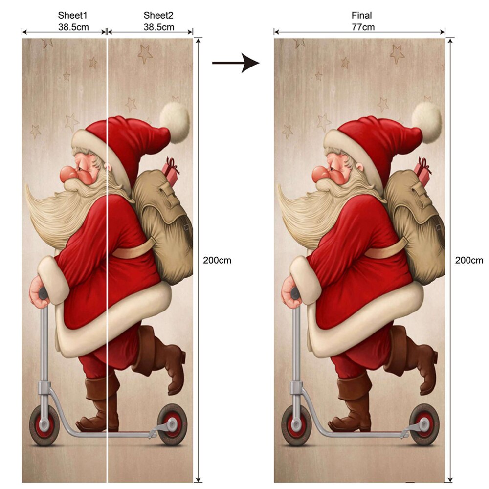 Santa Claus Christmas 3D Door Stickers Pvc Waterproof Art Renovation Waterproof Wallpaper Home Decor Print Picture for Bedroom