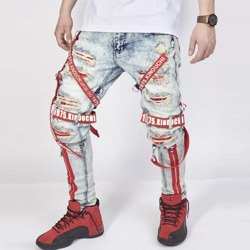 Men&#39;s jeans summer loose trousers trendy street men&#39;s collocation autumn straight pants ripped motorcycle boy pants: Red webbing / S