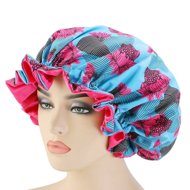 Extra grande taille cheveux casquettes modèle africain Satin Bonnet grande vague bord nuit sommeil casquette femmes fleur Turban outil de coiffure: Rose Red
