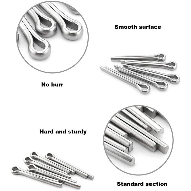 Cotter fastgørelsessæt ,6 størrelser 304 rustfrit stål cotter pin clip nøgle fastgørelse montering sortiment sæt (340 stk)