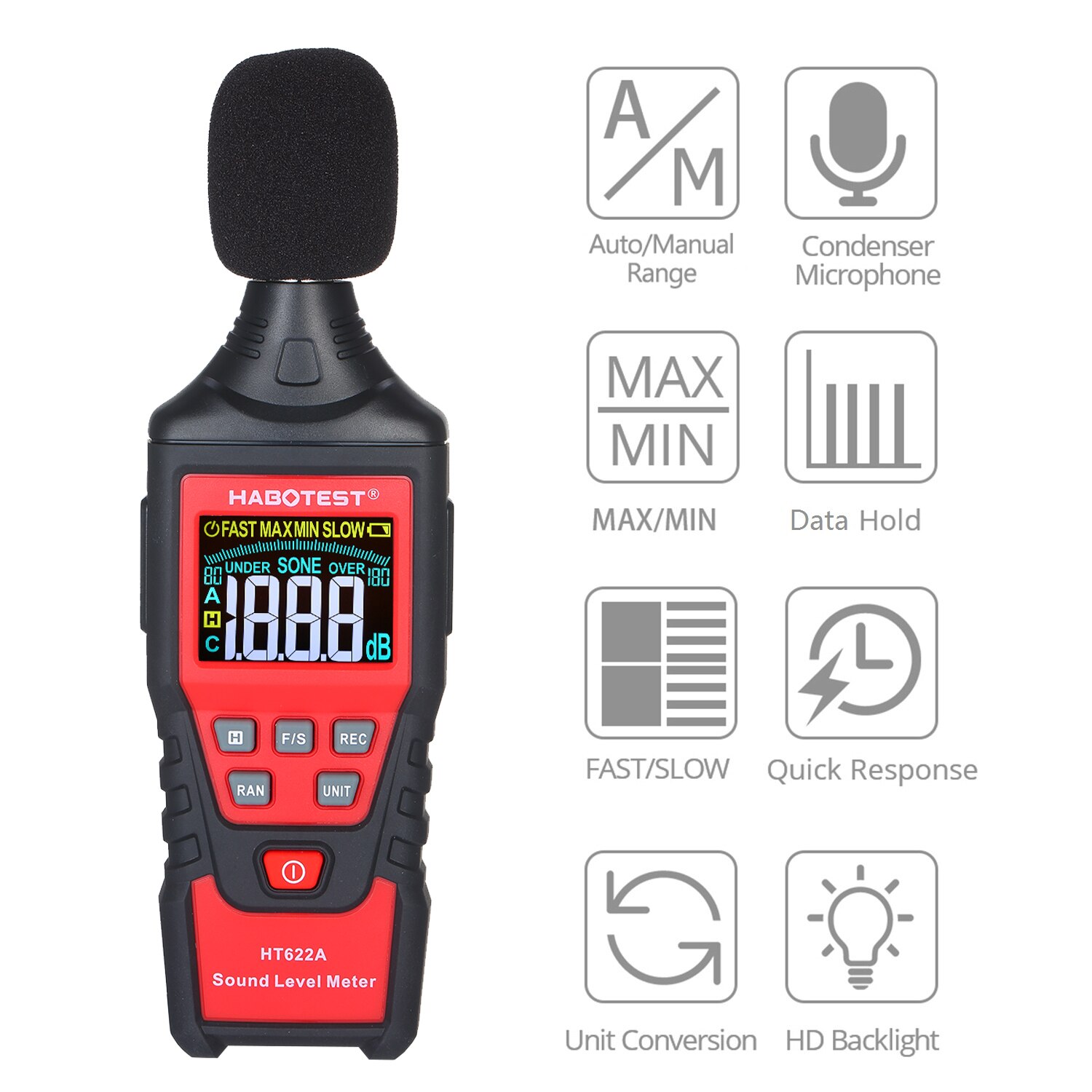 HABOTEST portable HT622A numérique décibel mètre LCD couleur écran bruit sonomètre avec sac à outils gamme de 30-130dB(A)