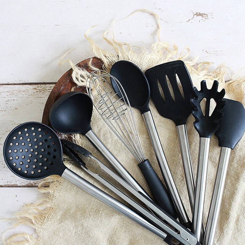 8 Piece Kitchen Utensil Set Stainless Steel and Black Silicone Modern Nonstick Utensils Cooking Tools