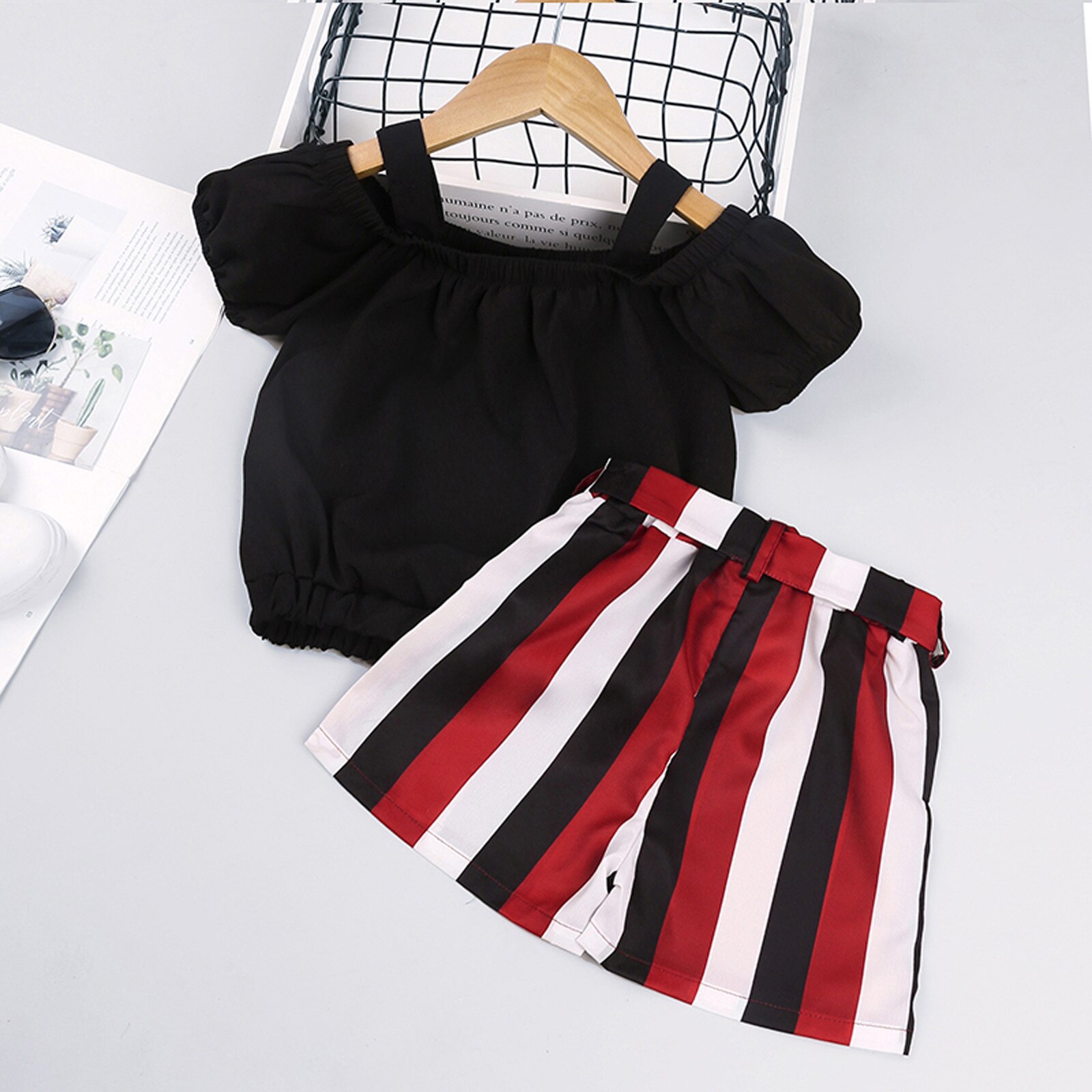 Peuter Meisje Kleding Kind Meisje Zomer Set Sling Korte Mouw T-shirts Tops Gestreepte Shorts Mode Kinderen Pak 1 2 3 4 5 6 Jaar