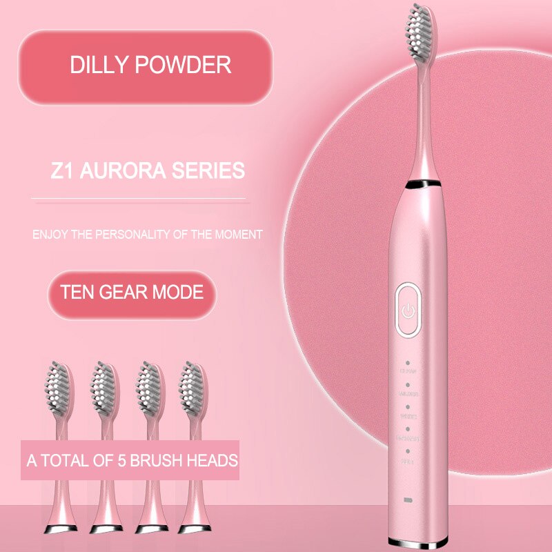 Automatic Electric Toothbrush 10 Brush Head Sonic wave Rechargeable Ultrasonic Teeth Brush Adult Replacement Heads Set 15 Modes: Pink 10 Gears