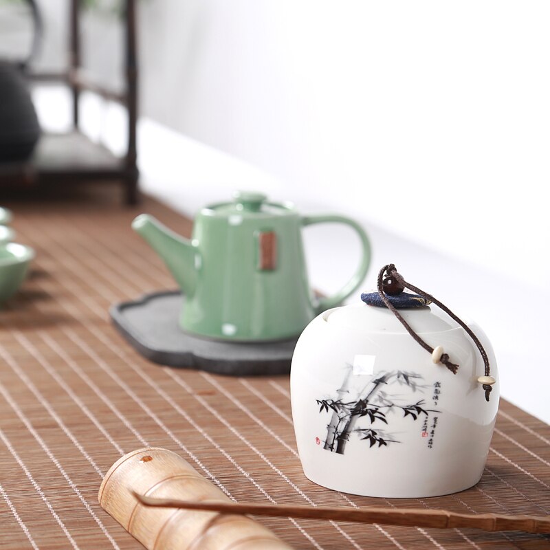 Pintura de tinta china caja de té de cerámica Mini 7,5*7 cm tarros de dulces especias para la cocina tarro de almacenamiento de azúcar tarro para nueces secas contenedor de alimentos