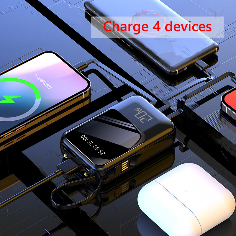 Banco de energía de 20000mAh, batería portátil adecuada para IPhone, Huawei, Xiaomi, carga rápida integrada con pantalla Digital externa de 4 cables
