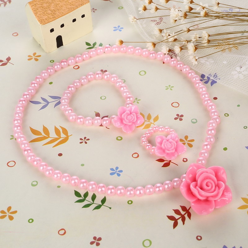 Ensemble de bijoux pour enfants, perle imitation perlée, meilleur bébé Rose fille, fleur Rose, collier, Bracelet, bague