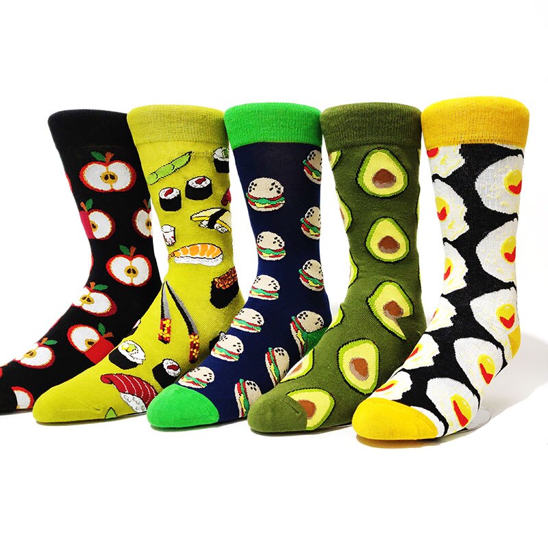 5 Paires/pack Happy Socks D'avocat Sushi Omelette Burger Pomme Nourriture Drôle Coton Chaussettes Femmes Chaussette Longue Hiver Femme: 5 Pairs-1