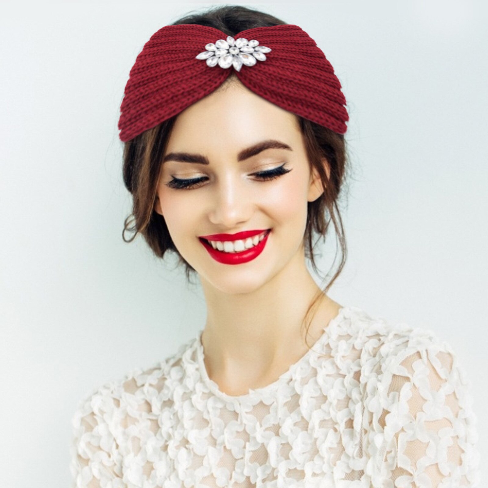 25 # turbante cinta ancha para el pelo para mujer, diadema tejida con diamantes de agua, envoltura para la cabeza de invierno, accesorios elásticos, tocados de Color sólido