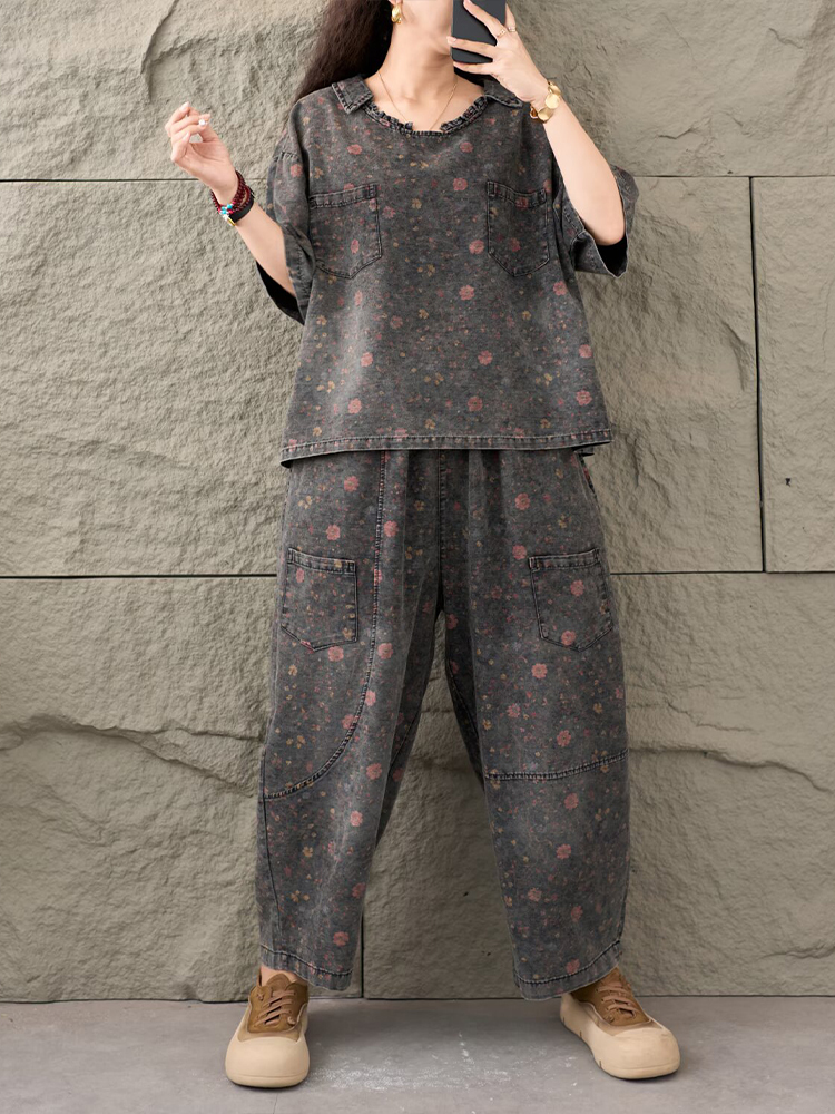 AmaxluluE, trajes vaqueros estampados de verano para mujer, conjuntos de 2 piezas florales sueltos, conjunto de , Tops con cuello redondo, camisetas, pantalones vaqueros informales, pantalones clásicos: Negro