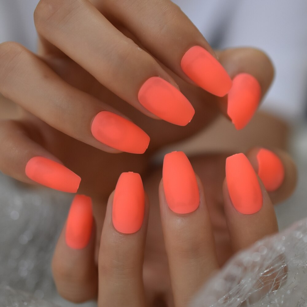 Néon Orange presse sur Ongles ballerine mat Faux Ongles couleur unie moyen manucure Art conseils avec onglets adhésifs