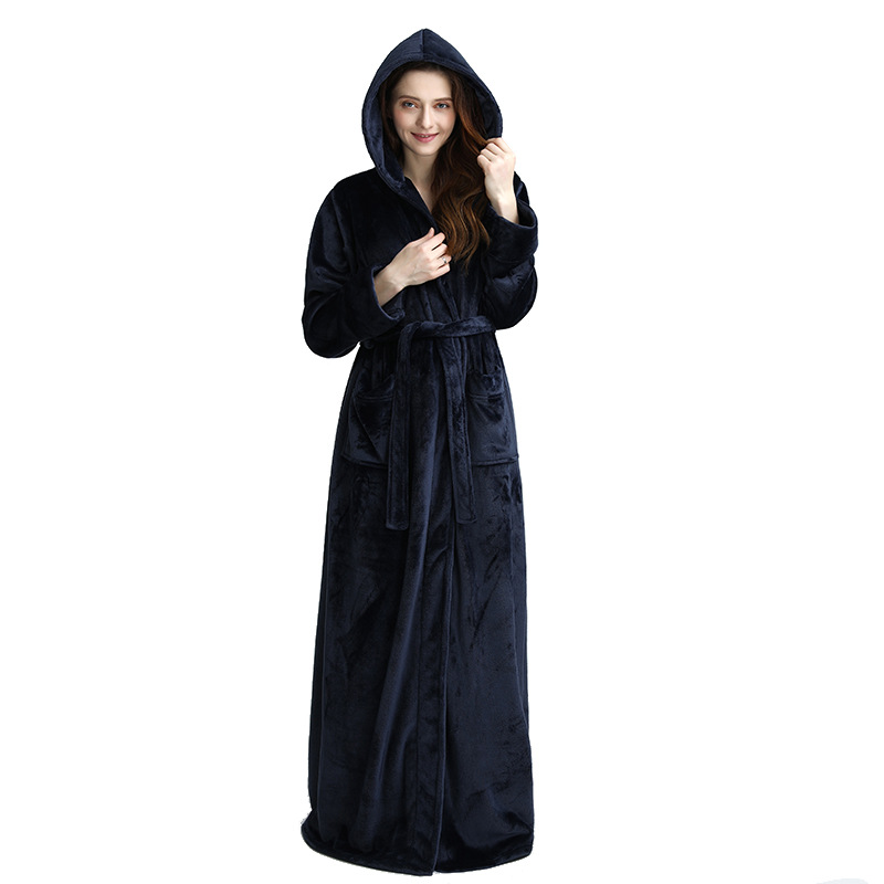 Extreme Lange Winter Vrouwen Badjas Warme Fluwelen Kimono Kamerjas Hooded Nachtjapon Nachtkleding Peignoir Bruidsmeisje Badjassen: Nave Blue / XL