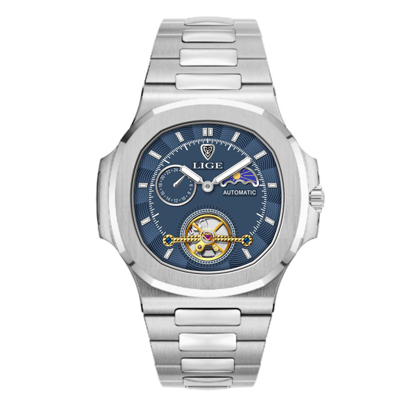 Reloj LIGE Tourbillon de doble segundo, reloj mecánico de 24 horas, reloj auténtico de acero inoxidable para hombre, reloj resistente al agua con brillo nocturno para hombre: Rosa