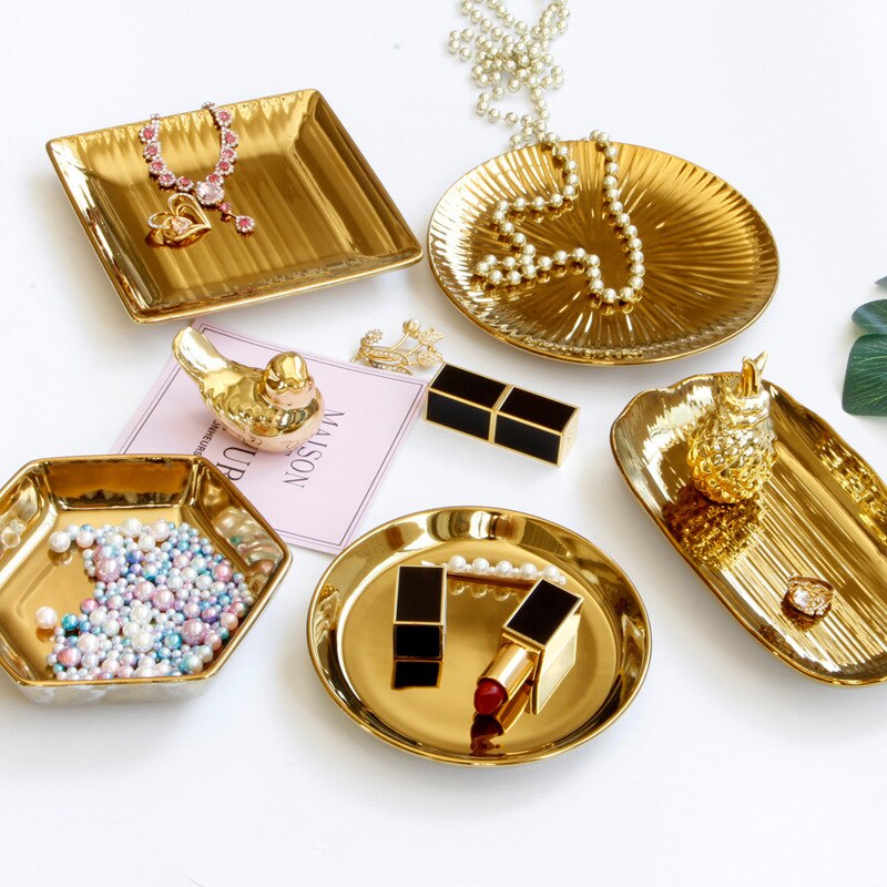 European luxury gold ceramic jewelry plate objects small tray jewelry storage plate home furnishing pieces